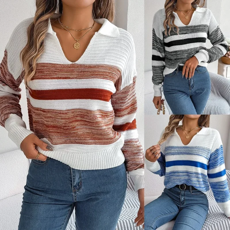 Autumn V-neck Pullover Sweater 2023 New Casual Lapel Striped Knit Sweater Winter Versatile Thin Top Spring Elegant Womenswear
Autumn V-neck Pullover Sweater 2023 New Casual Lapel Striped Knit Sweater Winter Versatile Thin Top Spring Elegant Womenswear
