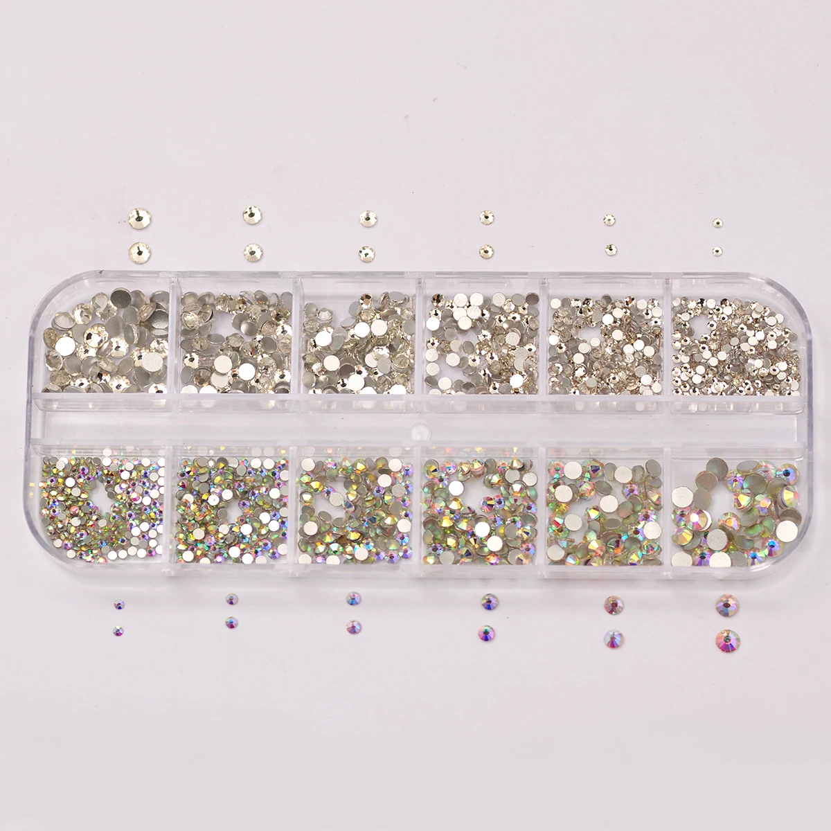 12 Grids 1440PCS Clear and AB Mixed Sizes Flat Back Crystal Rhinestones SS4-SS16 Packing Glitter Nail Art Luxurious Decorations
12 Grids 1440PCS Clear and AB Mixed Sizes Flat Back Crystal Rhinestones SS4-SS16 Packing Glitter Nail Art Luxurious Decorations