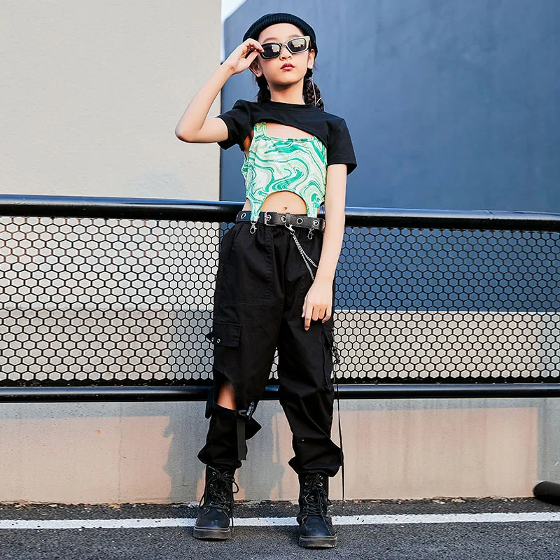 Модный костюм в стиле хип-хоп, сценическая одежда для девочек, костюм для чарлидинга, летний танцевальный наряд, праздничный наряд, укороченные топы, брюки-карго DL9385