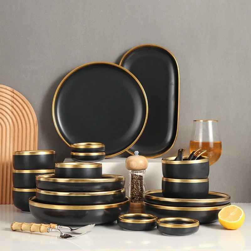 

Роскошный набор посуды в стиле Пномпень для домашнего использования, нордическая матовая черная керамическая посуда, набор столовых приборов в стиле INS, подарочная коробка