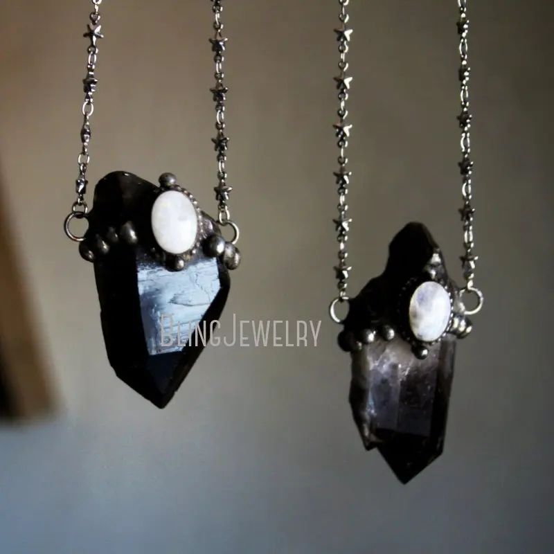 NM43156 Arkansas Black Smoky Quartz Point With Rainbow Moonstone Moon And Stars Talisman Necklace Black Crystal With Moonstone
NM43156 Arkansas Black Smoky Quartz Point With Rainbow Moonstone Moon And Stars Talisman Necklace Black Crystal With Moonstone
