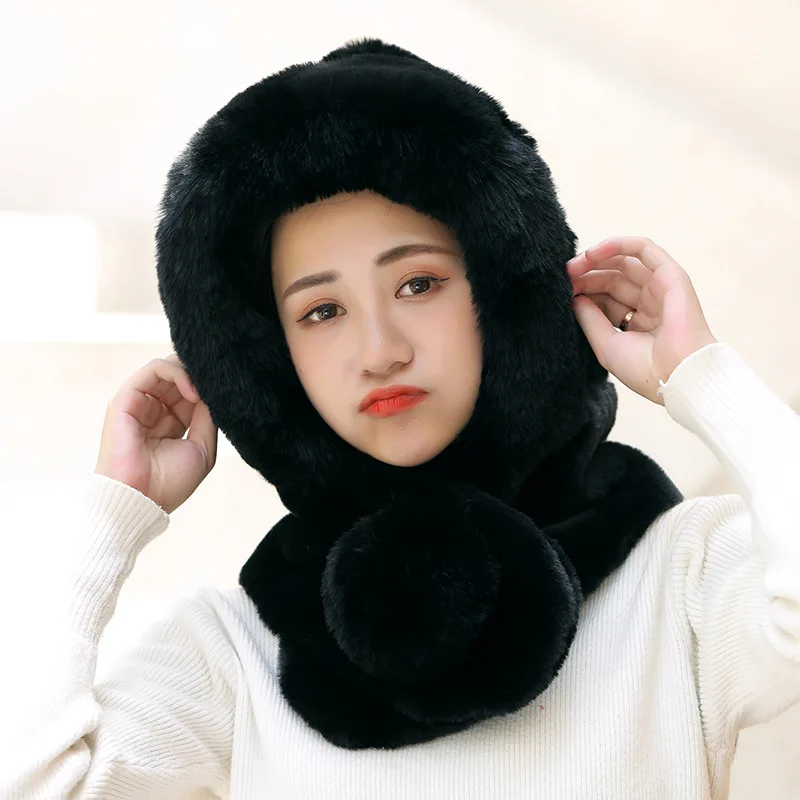 

1 PC Faux Fur Warm Winter Hat Scarf Set For Woman Thick Plush Fluffy Beanies Ski Windproof Pompoms Hat Russian Cold Outdoor Cap