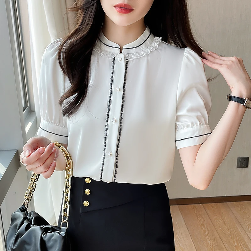 2022 Summer Season New Fashion Korean Style Short Sleeve Womens Shirts Chiffon Lace O-Neck White Button Up Shirt Woman Tops
2022 Summer Season New Fashion Korean Style Short Sleeve Womens Shirts Chiffon Lace O-Neck White Button Up Shirt Woman Tops