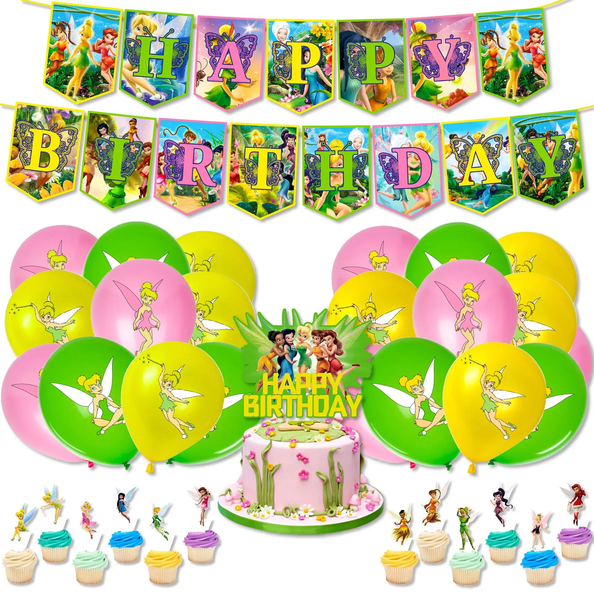 

Disney Princess Tinkerbell Tinker Bell Faery Fairy Elf Flower Elves Balloon Banner Cake Topper Birthday Party Decor Kids Toys