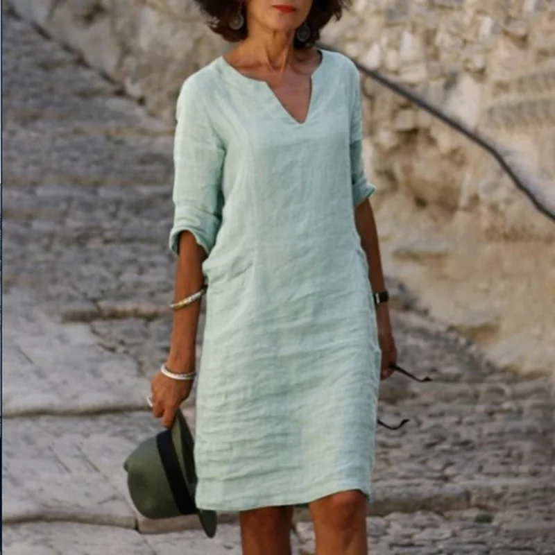 2022 Spring Summer V Neck Solid Color Dresses Women Clothing Vintage Cotton Linen Half Sleeve Midi Dress Oversized Clothing
2022 Spring Summer V Neck Solid Color Dresses Women Clothing Vintage Cotton Linen Half Sleeve Midi Dress Oversized Clothing