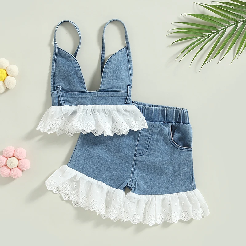 Модный летний комплект детской одежды для девочек верх без рукавов из джинсовой