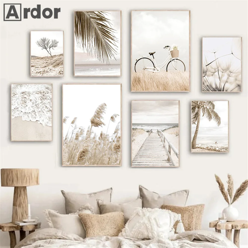 

Hay Tree Palm Leaf Poster Beige Dandelion Reed Wall Art Bike Canvas Painting Beach Art Prints Nordic Wall Pictures Bedroom Decor