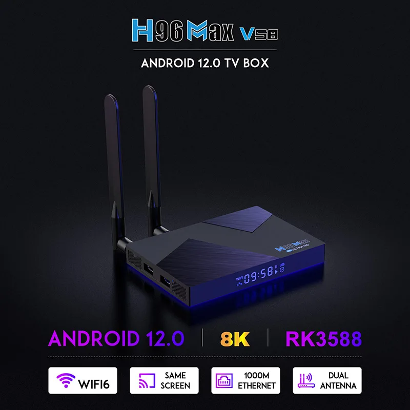 H96 MAX V58 Android 12 Smart Tv box Rockchip RK3588 8GB DDR4 64GB 1000M WIFI6 2.4G5G Dual WIFI 8K Set Top Box Media Player BT5.0 
H96 MAX V58 Android 12 Smart Tv box Rockchip RK3588 8GB DDR4 64GB 1000M WIFI6 2.4G5G Dual WIFI 8K Set Top Box Media Player BT5.0
