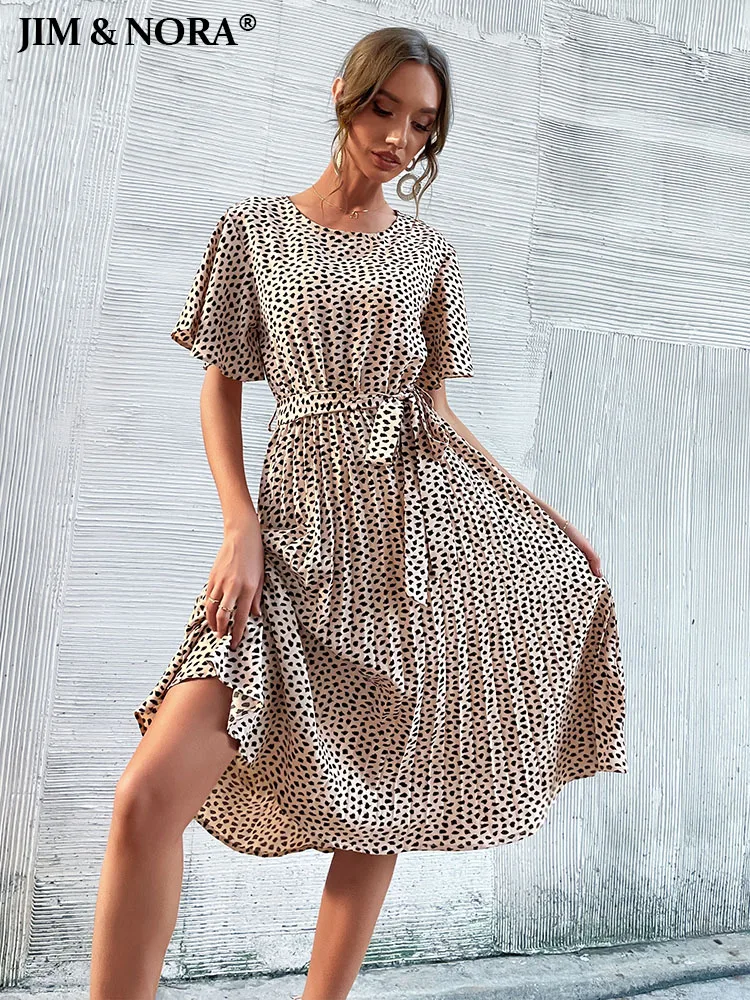 

JIM & NORA Elegant Pleated Midi Dress Women Polka Dots Flare Short Sleeve Round Neck Casual Vacation Beach Dresses with Belt