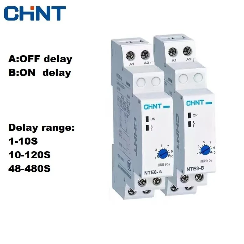 

CHINT NTE8 Series Time Delay Relay Control Off Power On Delay NTE8-A NTE8-B 10S 120S 480S AC220V DC24V Din Rail Digital Timer