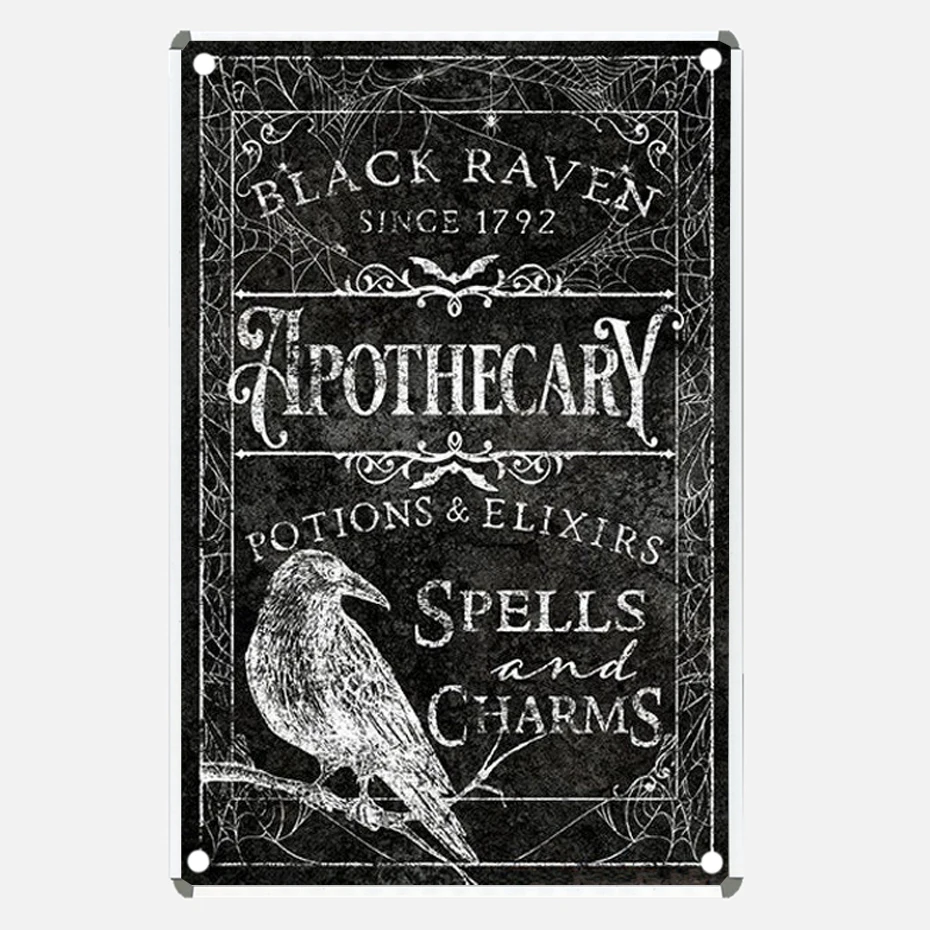 

Black Raven Vintage Metal Signs Spells and Charms Funny Poster for Bar Pub Club Tin Signs Apothecary Home Living Room Decor Gift