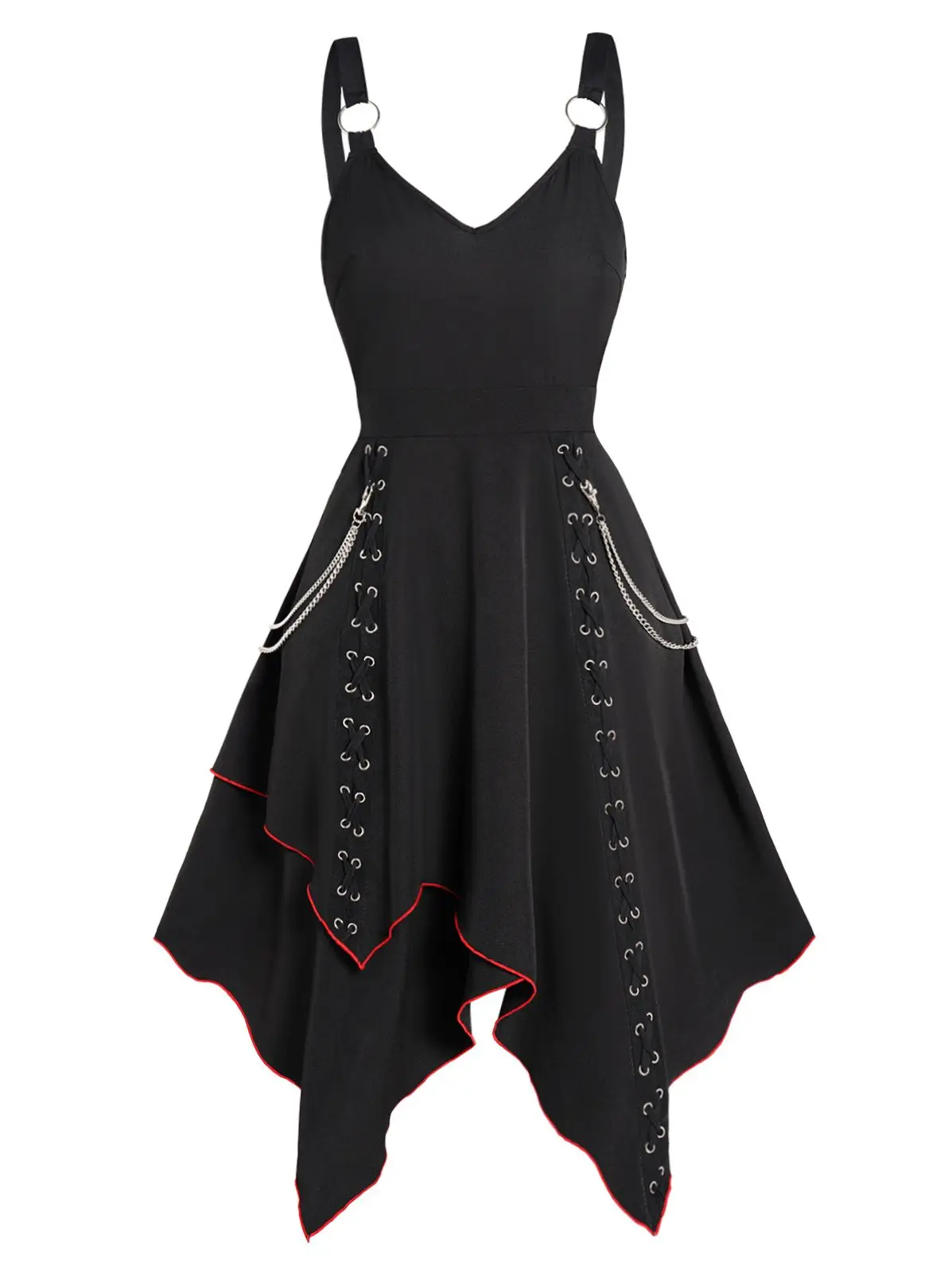 

Dressfo Black Gothic Dress Grommet Lace Up Chain Women Dress Overlay Asymmetrical Hem Sleeveless High Waist Dress