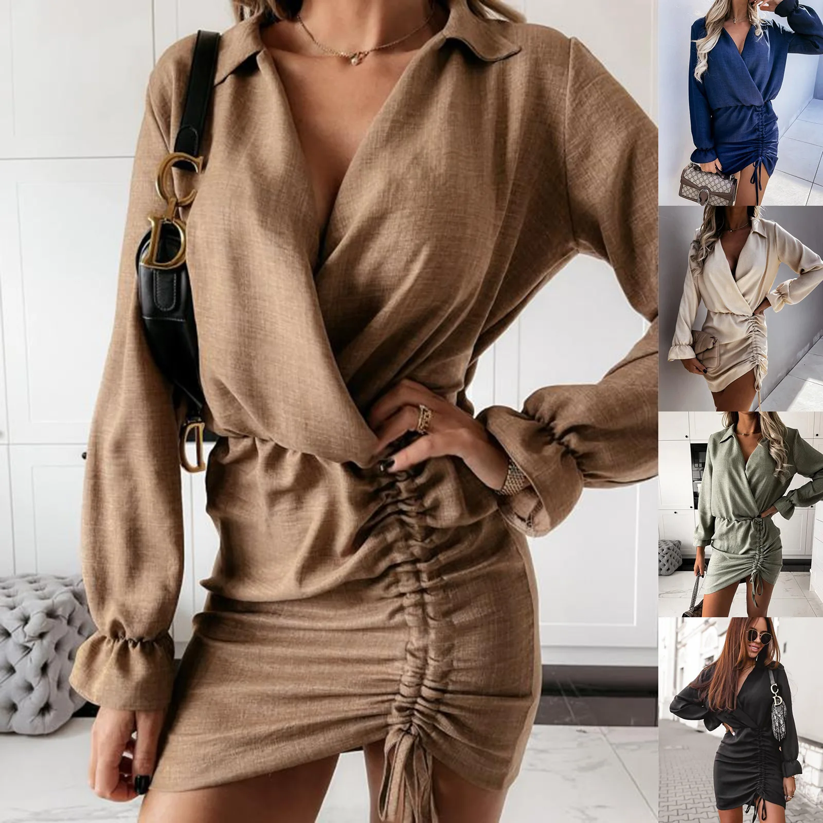 2022 Sexy Deep V Neck Office lady Dress Women New Elegant Shirring Mini Dress Spring Autumn Casual Solid Bodycon Dresses
2022 Sexy Deep V Neck Office lady Dress Women New Elegant Shirring Mini Dress Spring Autumn Casual Solid Bodycon Dresses