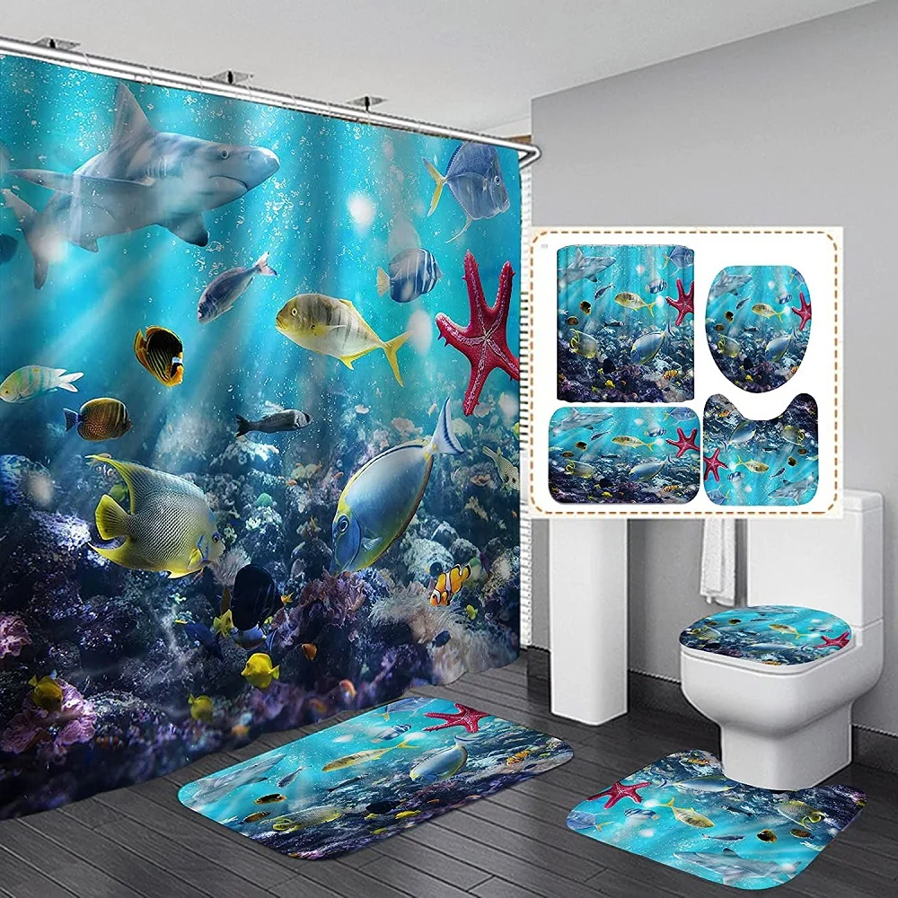 

Cartoon Fish Kids Shower Curtain Set With Rugs Underwater Ocean Theme Sea Animal Nature Shark Turtle Fabric Carpet Toilet Rug