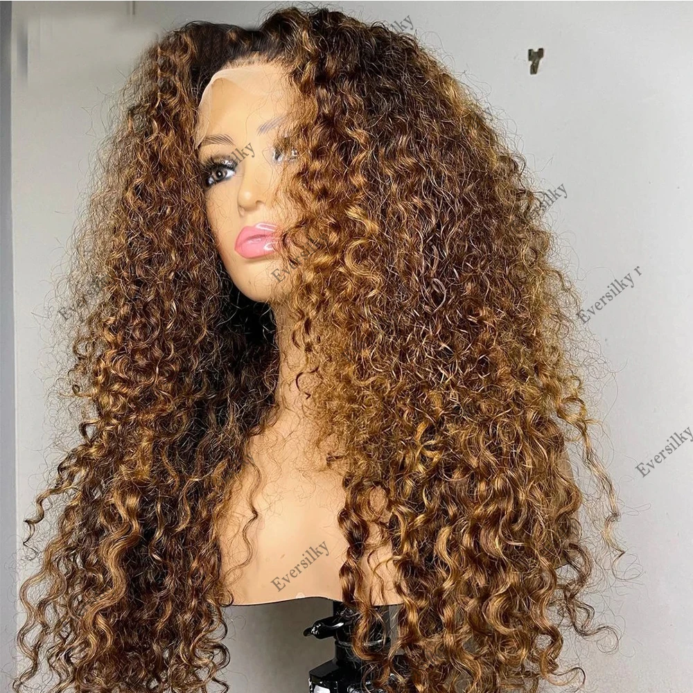 

Ombre Honey Golden Blonde Kinky Curly 13x6 Transparent Lace Front Wig Highlight Bouncy Curl 360 Lace Wig 100% Remy Human Hair