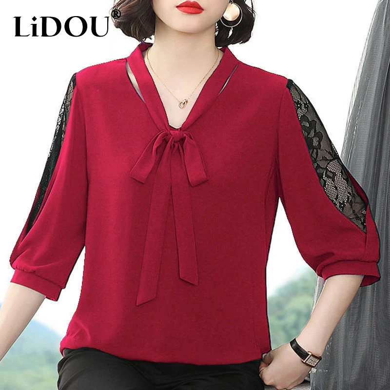 2023 Summer New Three Quarter T-shirt Women Bow Solid Color V-neck Pullovers Lace Patchwork Temperament Vintage Female Clothing
2023 Summer New Three Quarter T-shirt Women Bow Solid Color V-neck Pullovers Lace Patchwork Temperament Vintage Female Clothing