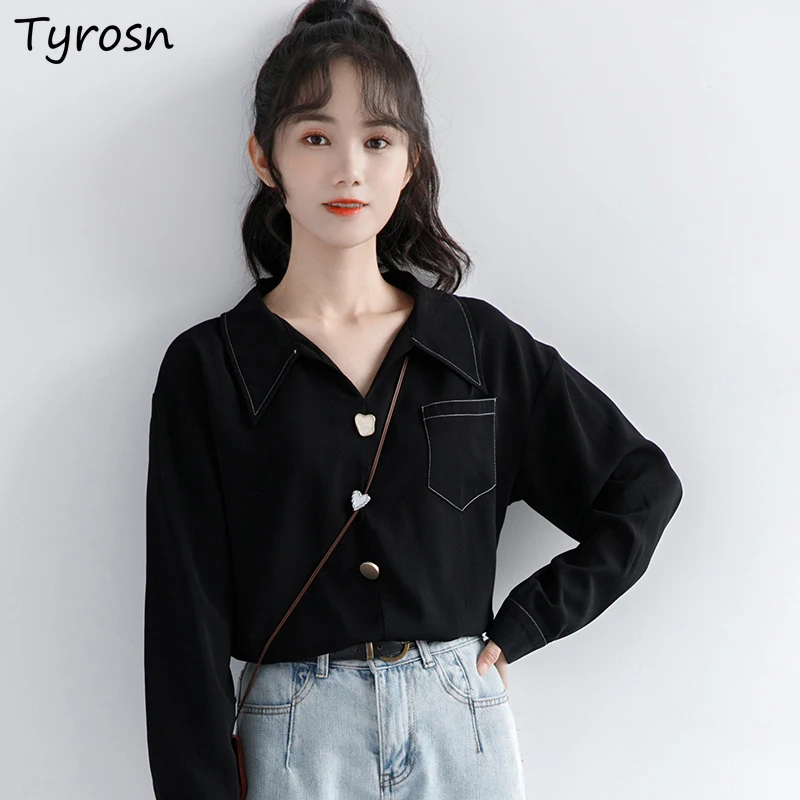 Shirts Women Design Button Pockets Long Sleeve Blouses Elegant Solid Black Turn-down Collar Tops Mujer Hong Kong Style Clothing
Shirts Women Design Button Pockets Long Sleeve Blouses Elegant Solid Black Turn-down Collar Tops Mujer Hong Kong Style Clothing