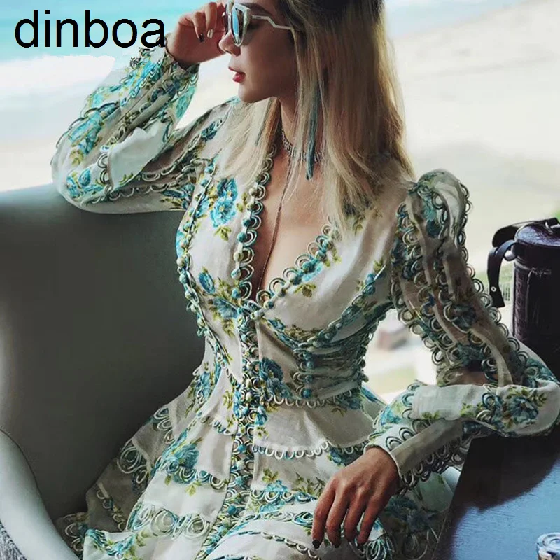 

Женское модельное дизайнерское платье Dinboa, Европейское высококачественное Привлекательное платье с пышными рукавами и V-образным вырезом, с цветочным принтом и вышивкой на пуговицах