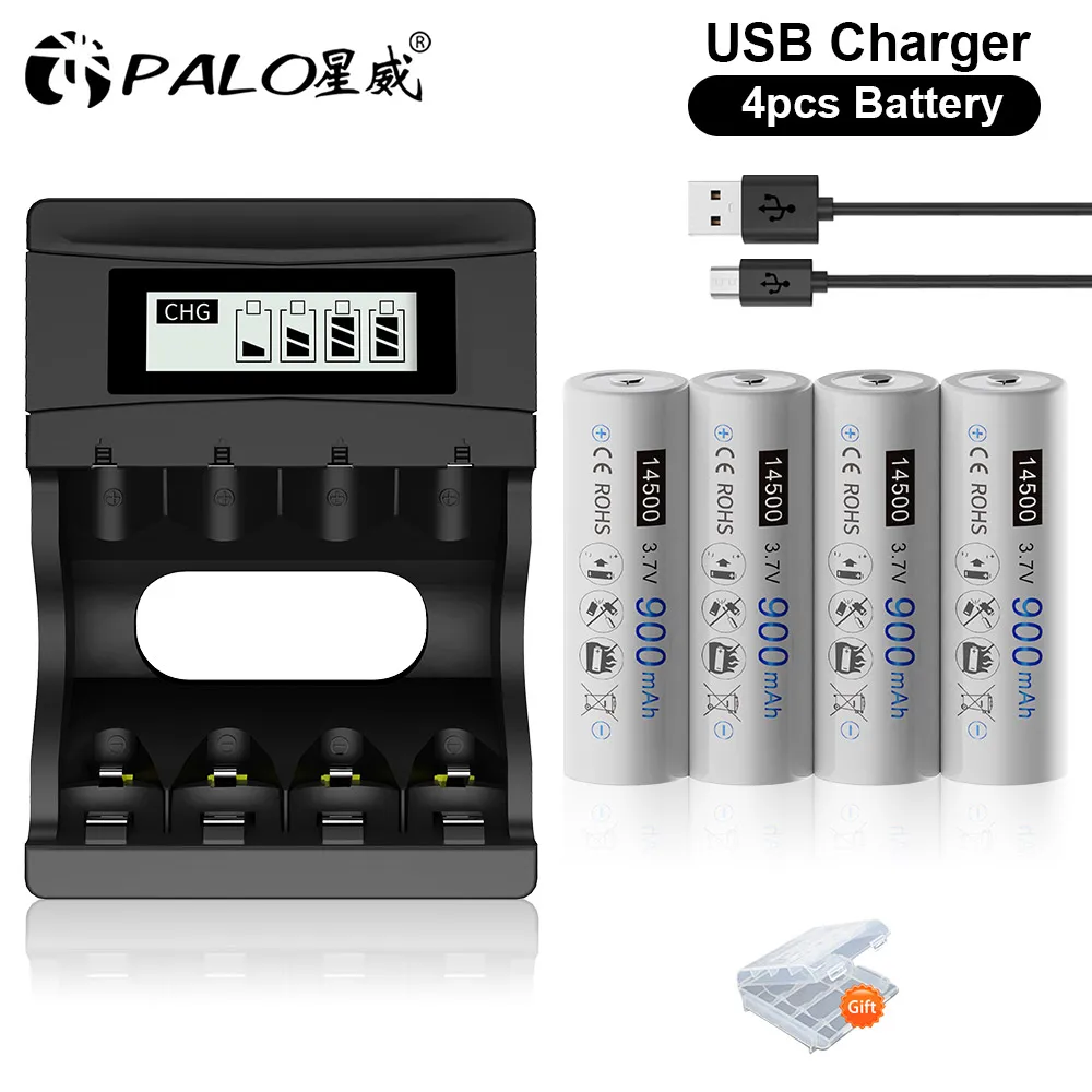 

PALO 14500 Battery 900mAh Protected Button Top 3.7V Li-ion Rechargeable 14500 AA Cell for Flashlight with 14500 Battery Charger