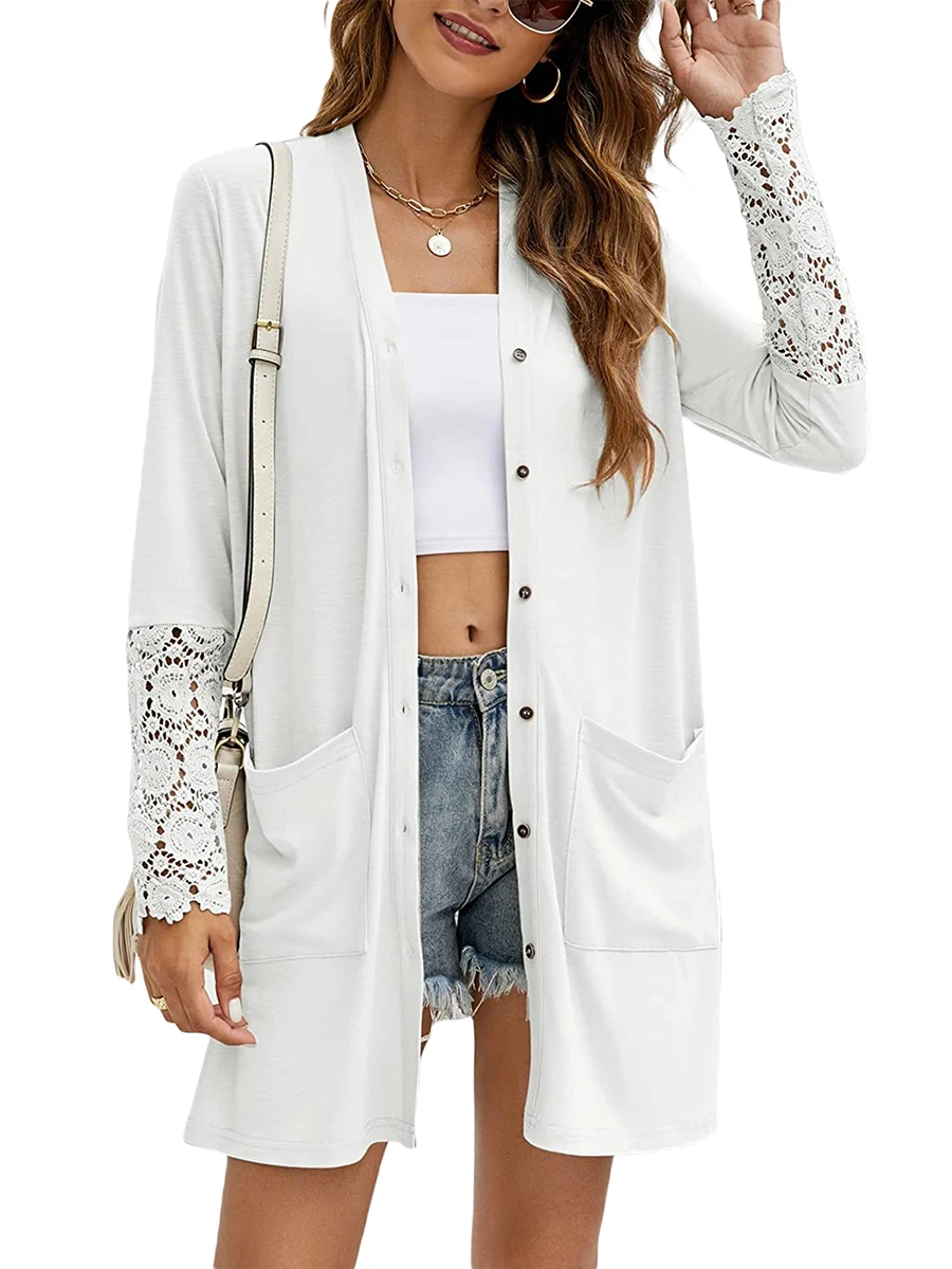 Women Knit Cardigan with Flower Patchwork Lace Cutout Sleeve Solid Single Breasted Knitwear Clothing with 2 Pockets
Women Knit Cardigan with Flower Patchwork Lace Cutout Sleeve Solid Single Breasted Knitwear Clothing with 2 Pockets