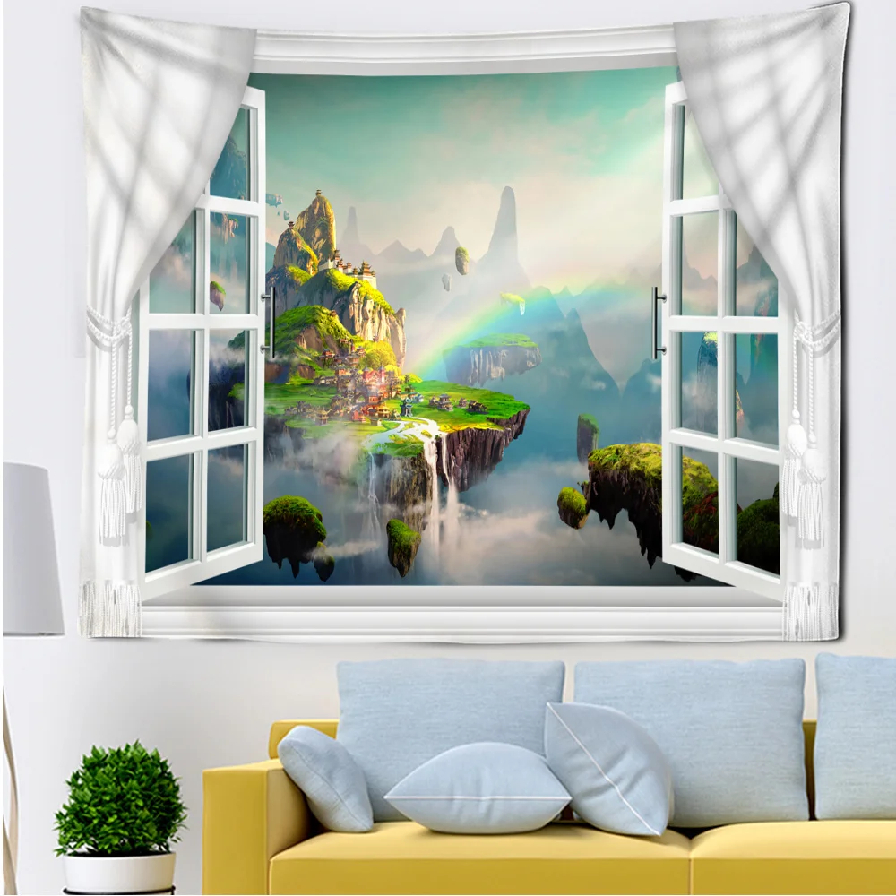 

Window View Nature Landscape Tapestry Fairy Island Waterfall Rainbow Living Room Bathroom Bedroom Wall Hangings Home Decoration