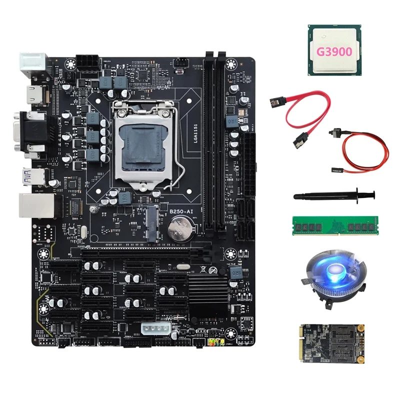 B250 V2.1 ETH Miner Motherboard 12PCIE+G3900 CPU+DDR4 4GB RAM+128G MSATA SSD+Fan+SATA Cable+Switch Cable+Thermal Grease
B250 V2.1 ETH Miner Motherboard 12PCIE+G3900 CPU+DDR4 4GB RAM+128G MSATA SSD+Fan+SATA Cable+Switch Cable+Thermal Grease