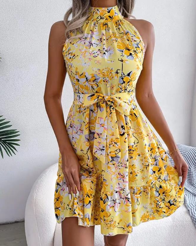 

Women Dresses 2023 Summer Ditsy Boho Floral Print Tie Detail Ruffle Hem Casual Sleeveless Mock Neck Mini A-Line Dress