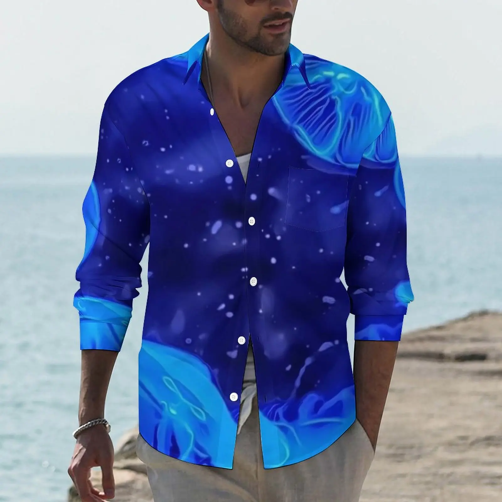

Tropical Marine Print Shirt Male Blue Jelly Fish Casual Shirts Autumn Stylish Graphic Blouses Long Sleeve Fashion Oversized Tops