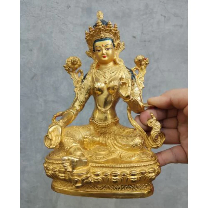 

8.2 Inch Buddhist Old Hand Painted Bronze Statue Gilded Buddha Bodhisattva Green Tara