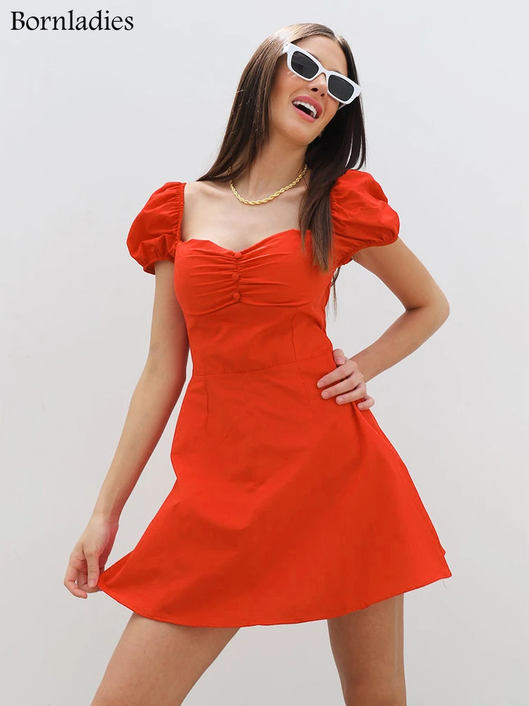 

Bornladies летние платья с пышными рукавами для женщин 2022 элегантное шикарное мини-платье с рюшами оранжевое облегающее женское платье А-силуэт...