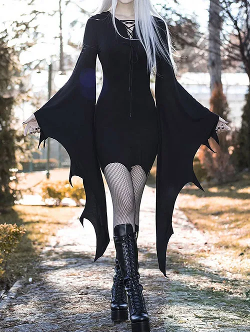 

Dressfo Halloween Dress Cosplay Dress Lace Up Bat Lace Insert Bodycon Mini Gothic Dress Vestidos De Mujer