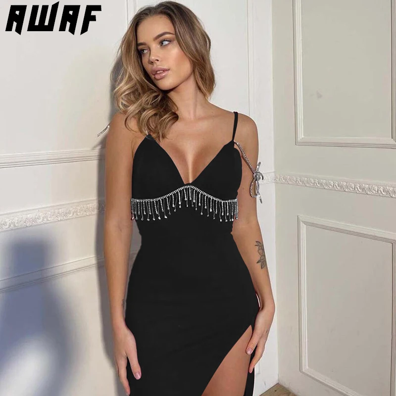 AWAF Strap Long Dress Fashion Elegant Diamond Tassel Dress For Women French Romantic Birthday Party Split Solid Dress 2022 
AWAF Strap Long Dress Fashion Elegant Diamond Tassel Dress For Women French Romantic Birthday Party Split Solid Dress 2022