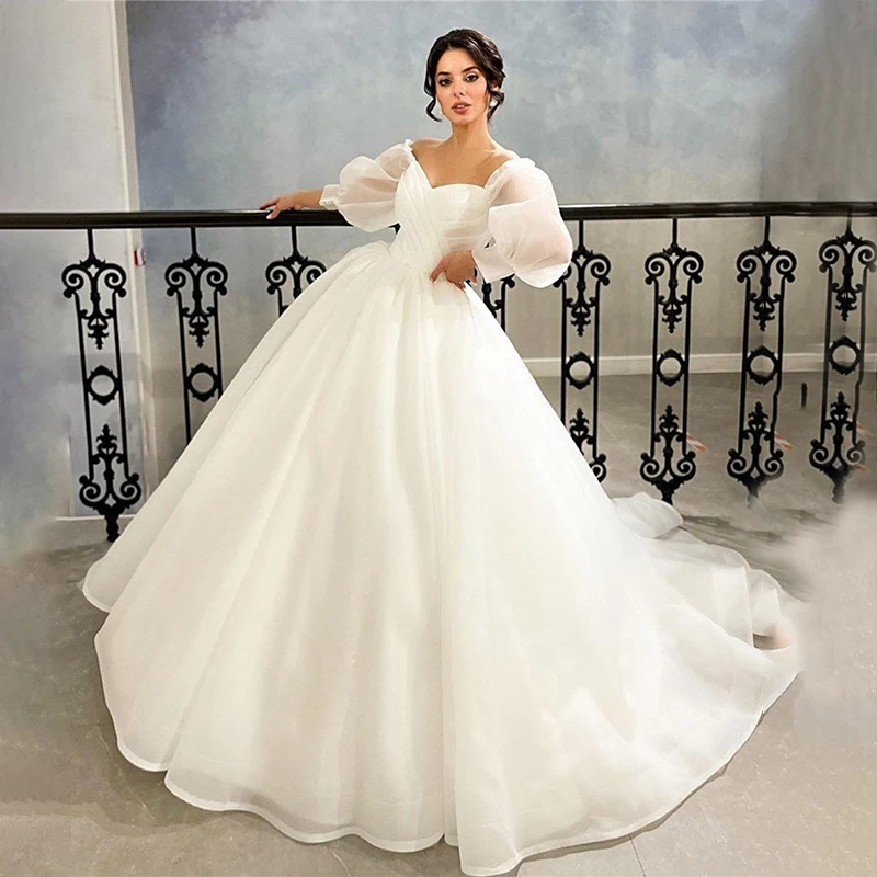 

Fashion Sweetheart Neckline A-Line Wedding Dresses Puff Sleeves Sweep Train Bridal Gowns Custom Made Vestidos De Novia