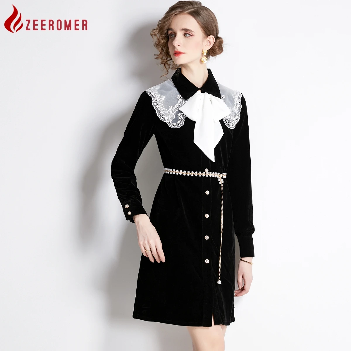 

Осень-зима 2023, винтажное бархатное платье в стиле пэчворк, женское однобортное облегающее платье с отложным воротником и длинным рукавом, вышивкой бантом и поясом