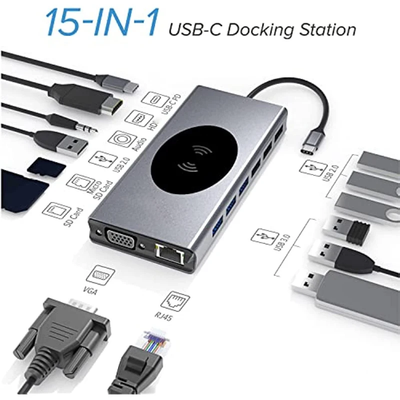 Type C HUB Dock Docking Station 15 In 1 USB HUB Type C To HDMI-compatible RJ45 Wireless Charging USB 3.0 Adapter for Macbook Pro
Type C HUB Dock Docking Station 15 In 1 USB HUB Type C To HDMI-compatible RJ45 Wireless Charging USB 3.0 Adapter for Macbook Pro