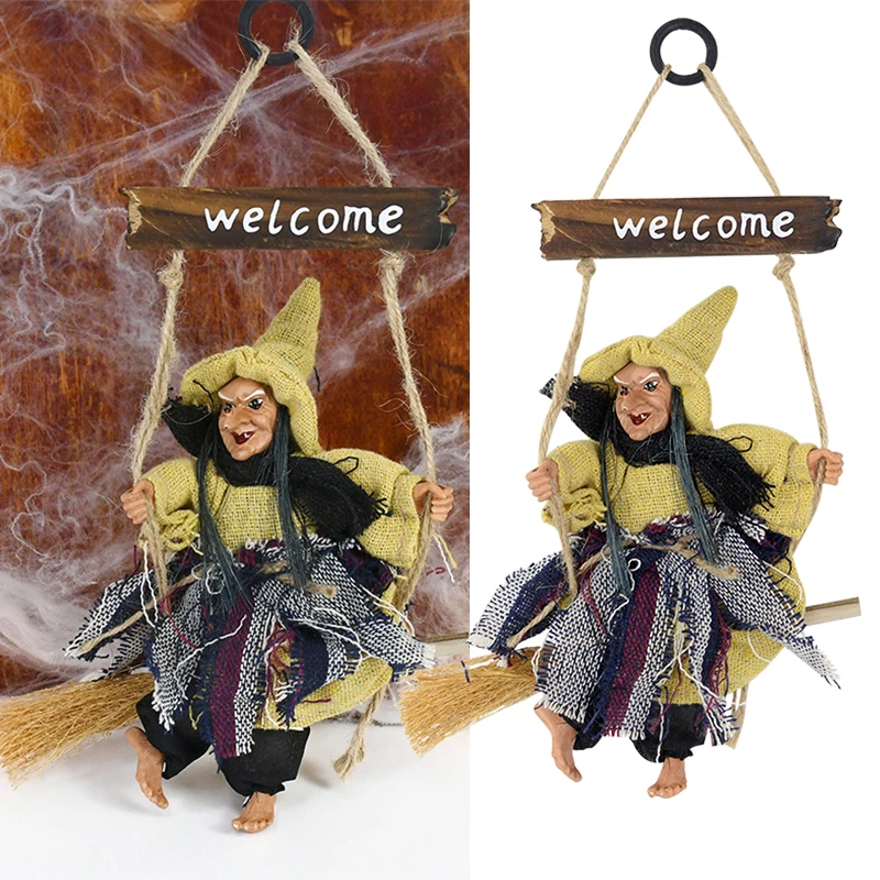 

Halloween Witch Doll Flying Witch Broom Halloween Pendant Scary Ghost Welcome Door Sign For Home Haunted House Decor Horror Prop