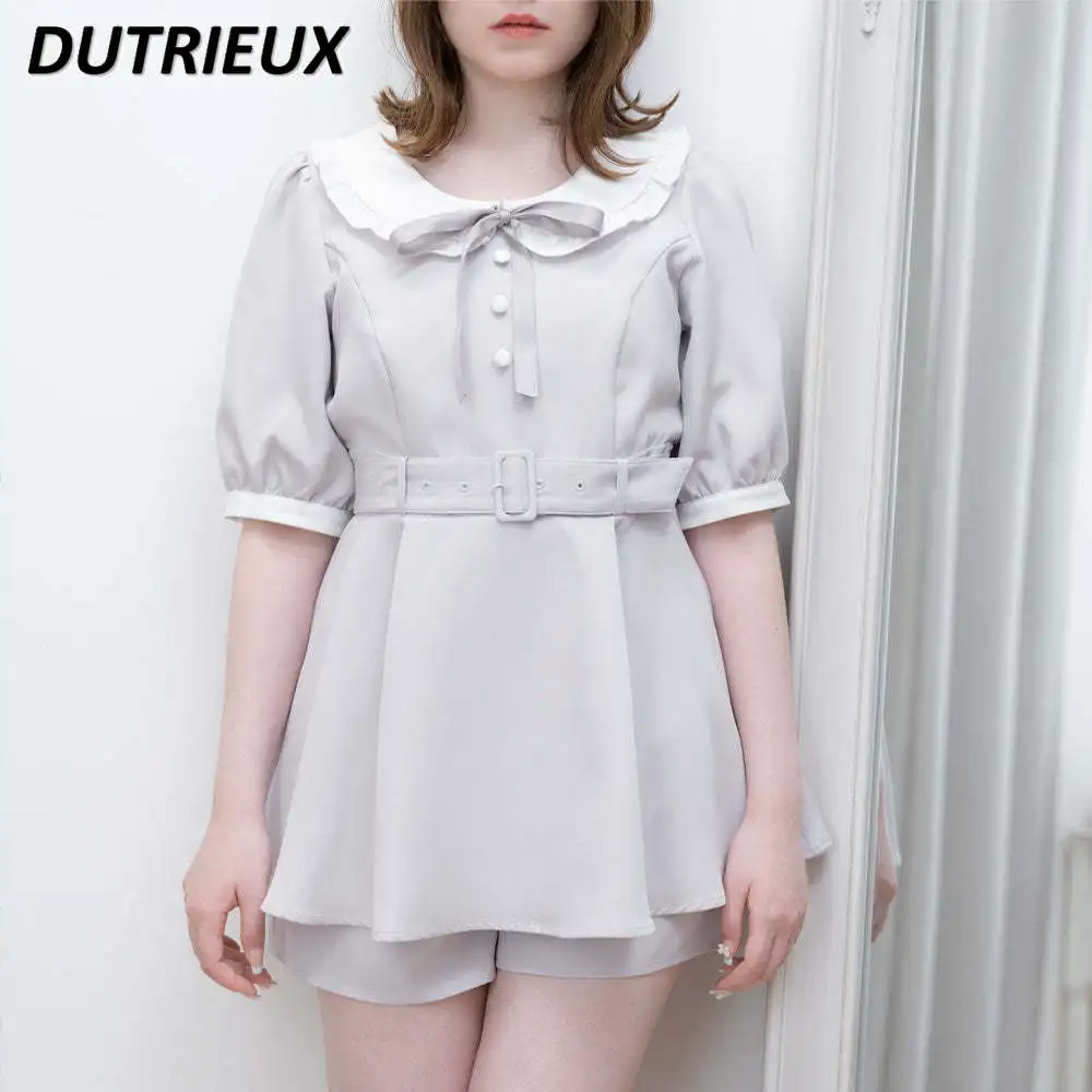 Summer New Sweet Round Neck Slimming Blouse Short-Sleeved Tops + Shorts Female Bow Wooden Ear Outfits Suit Fashion Two-Piece Set 
Summer New Sweet Round Neck Slimming Blouse Short-Sleeved Tops + Shorts Female Bow Wooden Ear Outfits Suit Fashion Two-Piece Set