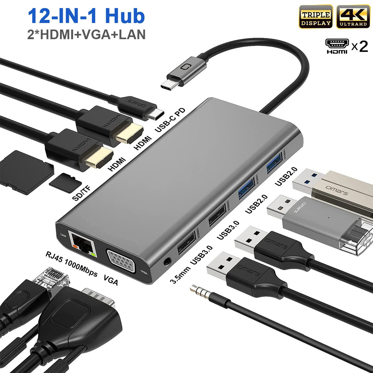 

Triple Display USB C Hub Dual Monitor Adapter Laptop Hub USB C to 2 HDMI 4K+VGA+Ethernet+100W PD+4USB+Audio for MacBook Pro OTG