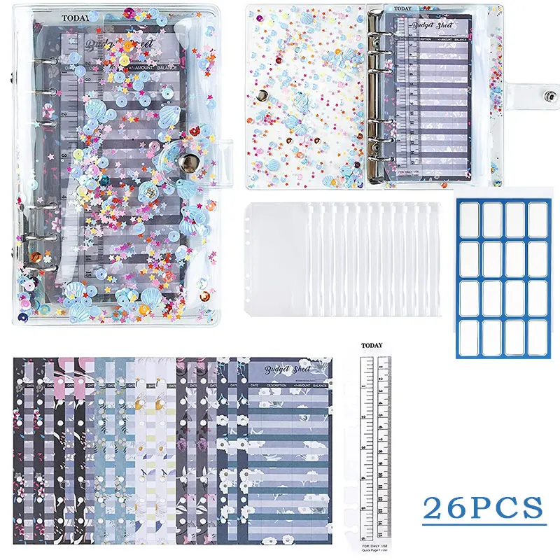 26 Pcs A6 Binder Budget Envelopes PVC Shell Sequins Notebook Cover with Zipper Pockets Budget Sheet Color Stickers Scale Ruler
26 Pcs A6 Binder Budget Envelopes PVC Shell Sequins Notebook Cover with Zipper Pockets Budget Sheet Color Stickers Scale Ruler