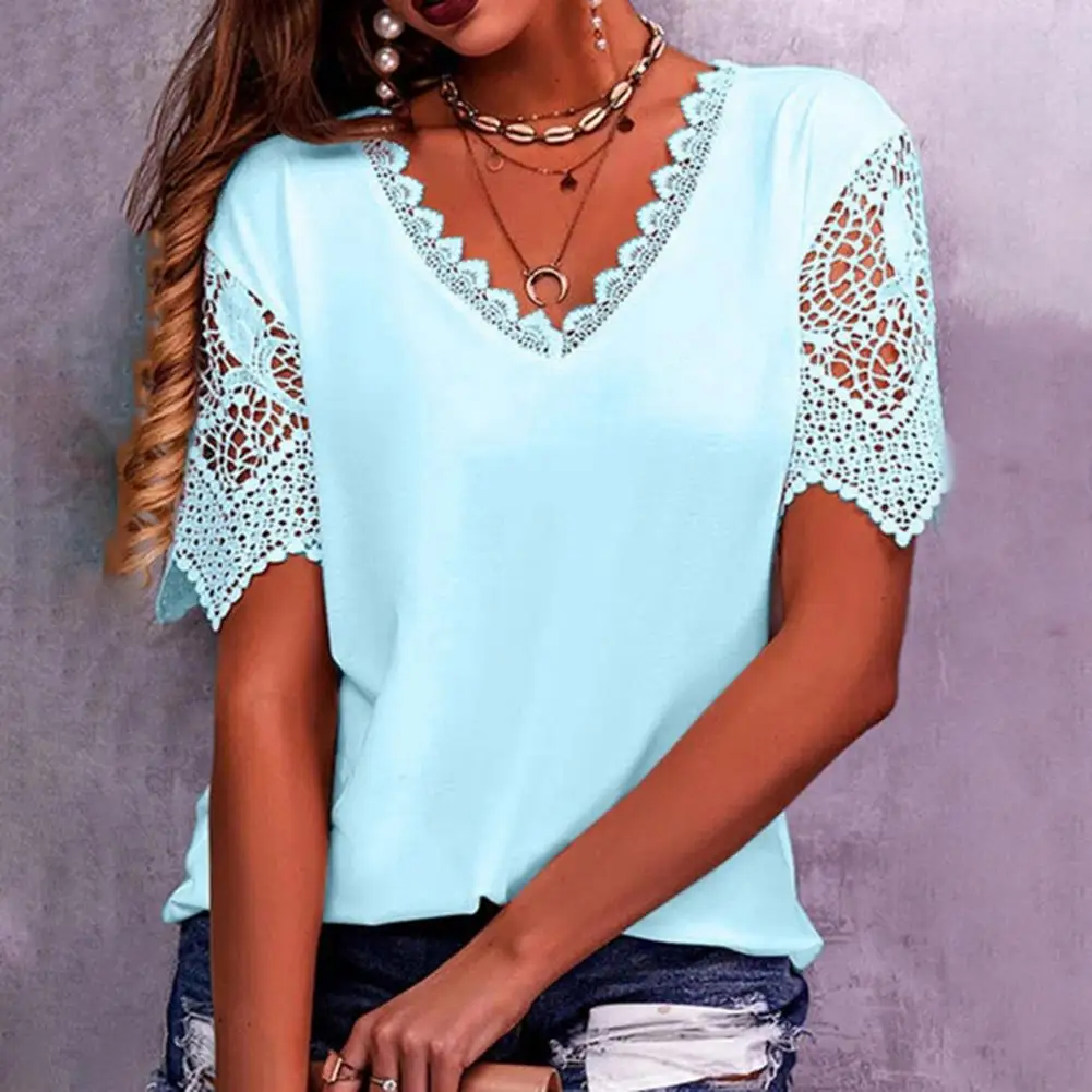 V-Neck Women T-shirt Lace Hollow Stitching Petal Short Sleeve Casual Loose Solid Color Tops Daily Clothing
V-Neck Women T-shirt Lace Hollow Stitching Petal Short Sleeve Casual Loose Solid Color Tops Daily Clothing