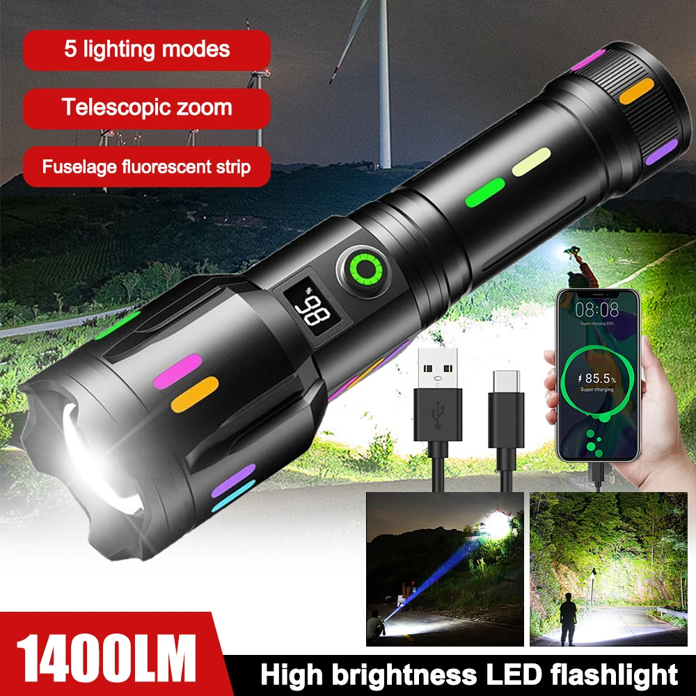 

1400LM 500 Meter Long-Range White Laser Flashlight TYPE-C Rechargeable Camping Torch Military Tactical Zoomable Search Spotlight