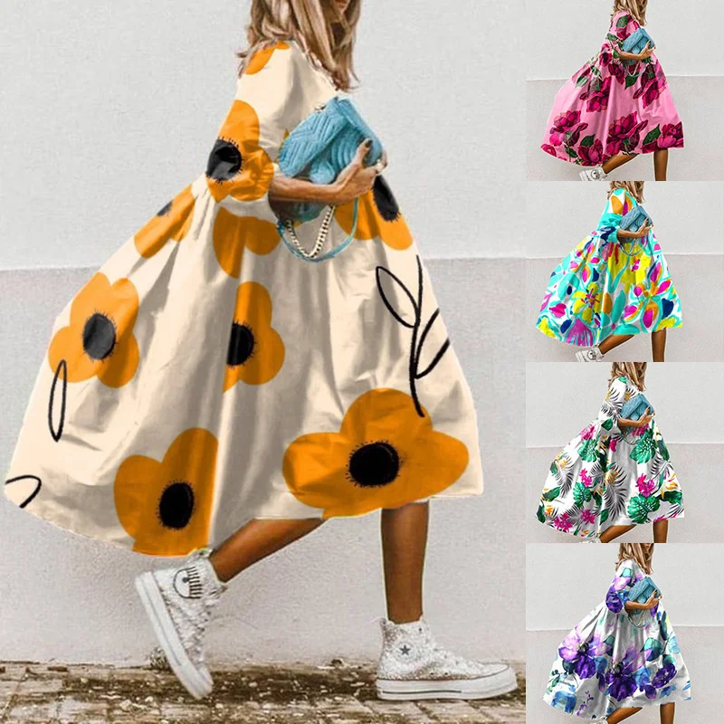 

2023 Damskie z kwiatowym nadrukiem sukienka trapezowa lato moda z okrągłym dekoltem luźne sukienki na imprezę na co dzień z pół
