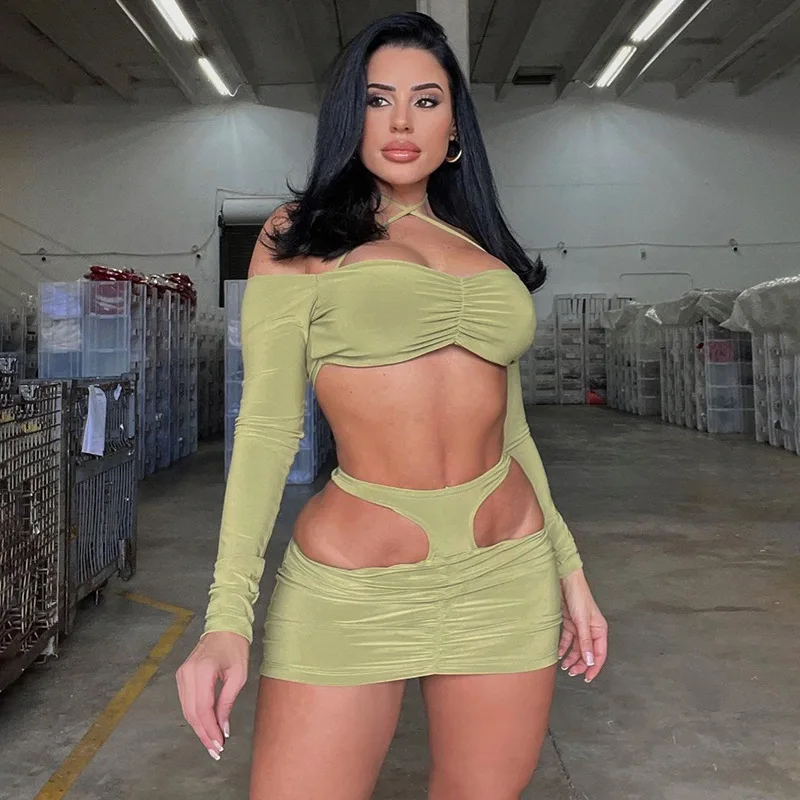 Women Sexy 2PCS Skirt Outfits Plain Halter Off-Shoulder Crop Tops Hollow Ruched High Waist Short Skirt Summer Party Club Wears
Women Sexy 2PCS Skirt Outfits Plain Halter Off-Shoulder Crop Tops Hollow Ruched High Waist Short Skirt Summer Party Club Wears