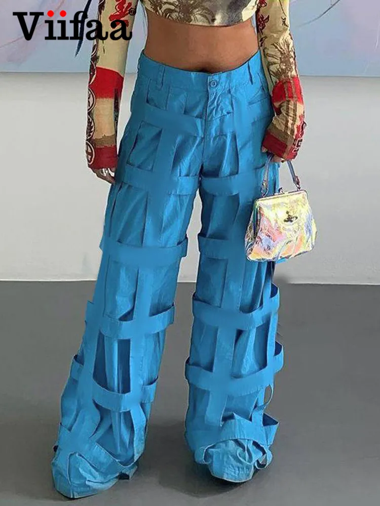 Viifaa Hollow Out Plaid Fashion Streetwear Wide Leg Pants Women Zipper Fly Blue Solid Trousers Casual Baggy Pants 2023
Viifaa Hollow Out Plaid Fashion Streetwear Wide Leg Pants Women Zipper Fly Blue Solid Trousers Casual Baggy Pants 2023