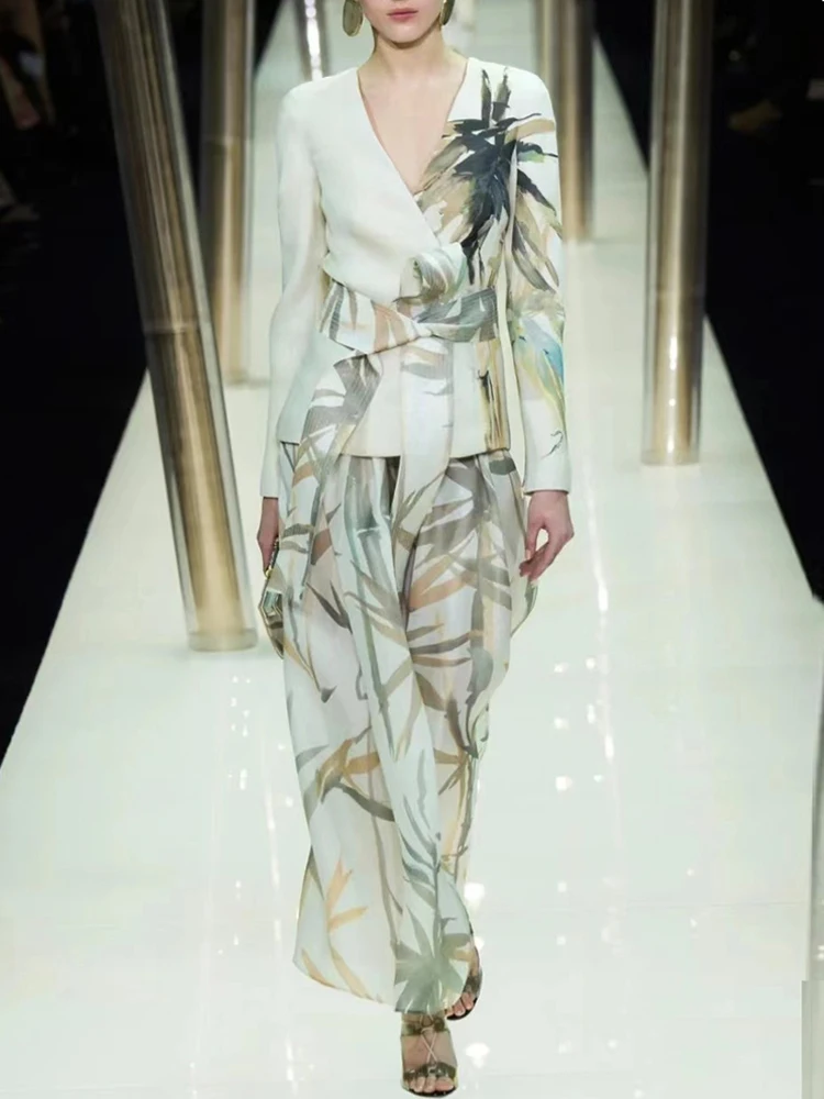 Подиумный Модный женский комплект из 2 предметов, Осень-зима 2022, белая куртка с v-образным вырезом + брюки с принтом из бамбука с высокой талией, элегантный офисный комплект
Подиумный Модный женский комплект из 2 предметов, Осень-зима 2022, белая куртка с v-образным вырезом + брюки с принтом из бамбука с высокой талией, элегантный офисный комплект