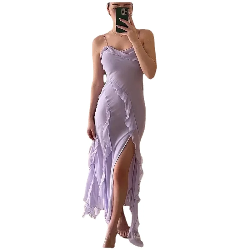 2023 Popular ZA Chiffon Sexy Strap Open Back Split Ruffle Edge Long Dress
2023 Popular ZA Chiffon Sexy Strap Open Back Split Ruffle Edge Long Dress