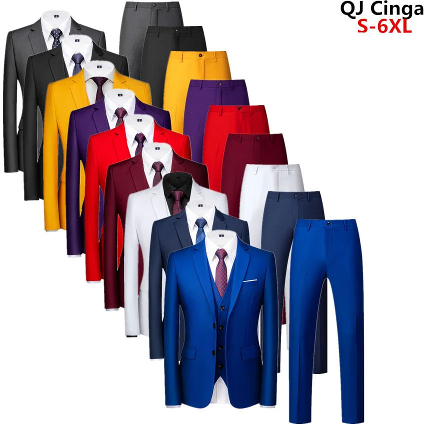 

QJ CINGA Royal Blue Men's Suit 3 Pieces (Jacket+Pants+Vest) White Black Gray Red Terno Masculino Fashion Slim Costume Homme 6xl