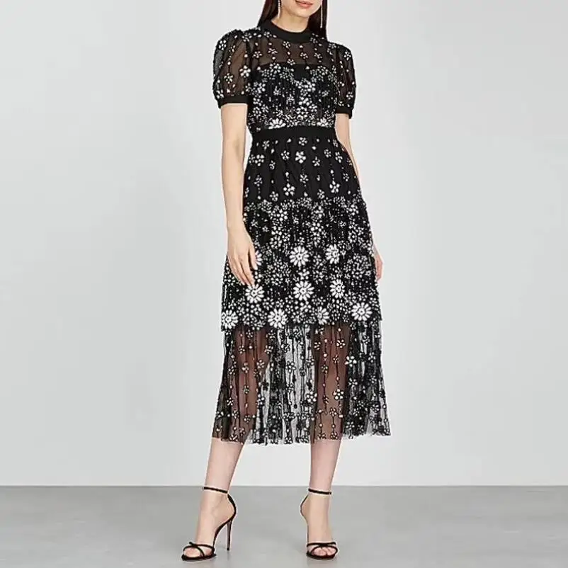 

Runway Self-Portrait Midi Dress Women Fashion 2022 Summer Mesh Floral Embroidery Party Dress Sexy Holiday Long Dresses w349