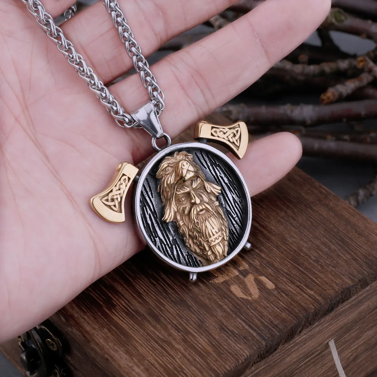 Odin With Bear Head Cap Pendant With Viking Double Axe Male Amulet Stainless Steel Pendant Necklace Jewelry As Gift For Men 
Odin With Bear Head Cap Pendant With Viking Double Axe Male Amulet Stainless Steel Pendant Necklace Jewelry As Gift For Men