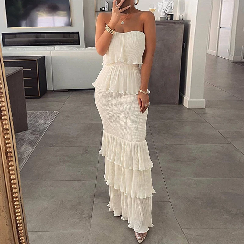 Fashion Chic Sweet Long Mermaid Dress Elegant Solid Strapless Ruffle Slim Dress Sexy Sleeveless Wrap Pleated Layered Party Dress
Fashion Chic Sweet Long Mermaid Dress Elegant Solid Strapless Ruffle Slim Dress Sexy Sleeveless Wrap Pleated Layered Party Dress